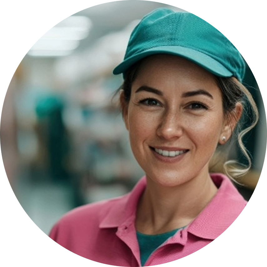 Untitled-53.png: Person smiling, wearing a teal cap and pink shirt indoors