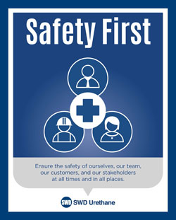 Safety-First-Corporate-Culture Safety First poster with icons of people, medical cross, and text about ensuring safety for all. SWD Urethane logo at bottom